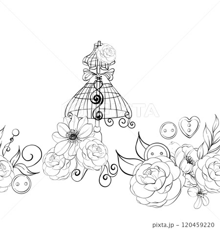 Vintage mannequin with floral arrangement - roses and anemone. Sewing tools buttons, needles. Old fashion, dressmaker seamless pattern, border. Romantic and elegance sewing background and tailor for Vintage mannequin with floral arrangement - roses and anemone. Sewing tools buttons, needles. Old fashion, dressmaker seamless pattern, border. Romantic and elegance sewing background and tailor for 120459220