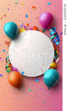 Balloons and confetti frame a blank space for a celebration invitation or greeting card 120459258