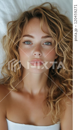 Young woman with curly hair and freckles gazing softly at the camera indoors during daytime 120459271