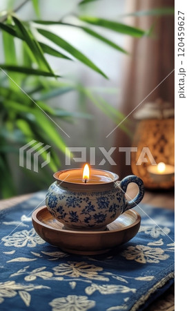 Relaxing candlelight with a green plant near a window in a cozy space 120459627