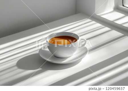 A tranquil cup of coffee rests on a white table in sunlight with soft shadows casting around A tranquil cup of coffee rests on a white table in sunlight with soft shadows casting around 120459637