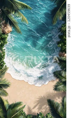 Aerial view of a serene tropical beach with clear water and lush palm trees at midday 120459639