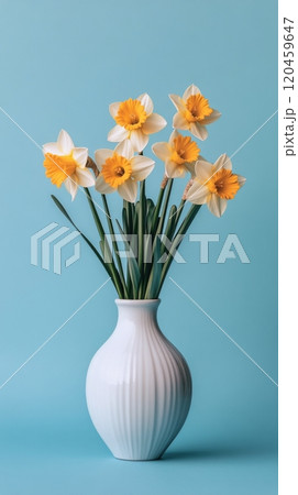 Bright yellow daffodils arranged in a white vase against a blue background in a bright setting 120459647