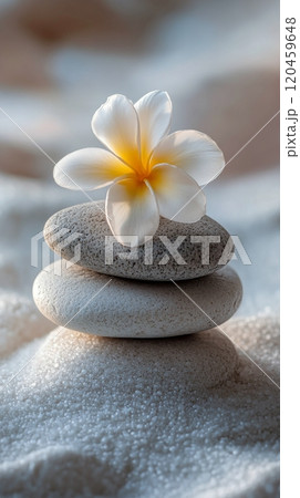 Delicate white flower placed on stacked pebbles resting on soft sand during a tranquil day 120459648