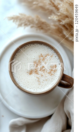 A cozy morning cup of coffee with heart shaped foam and dried flowers in soft light 120459649