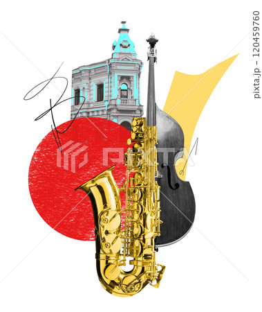 Poster. Contemporary art collage. Saxophone, historic city building, and double bass with bold red and yellow shapes, celebrating music and cultural heritage. 120459760