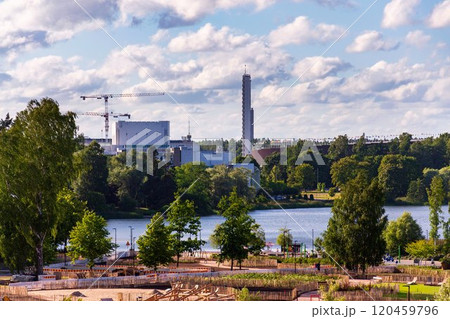 Toolonlahti sea bay with small beach for recreational sports near Olympic stadium and Linnanmaki amusement park, Helsinki, Finland 120459796