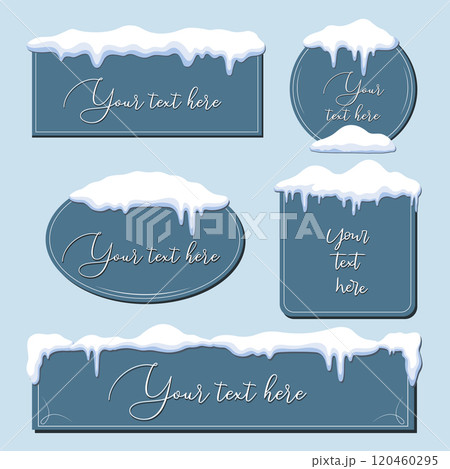 Snow Cap. Christmas snow buttons, frames, banners with snow cap. Sale web tags. Card or poster template. Editable background. 120460295