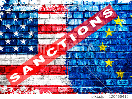 A red, white, and blue American flag with a blue 120460413