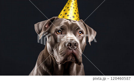 A playful pitbull wearing a party hat 120460587