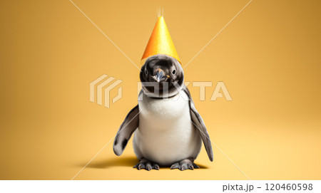 A penguin wearing a yellow hat is standing on a yellow background 120460598