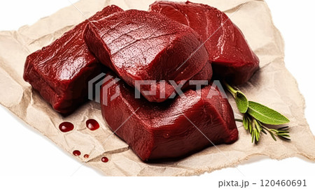 Liver delicacy, Smooth pieces of beef liver on parchment 120460691