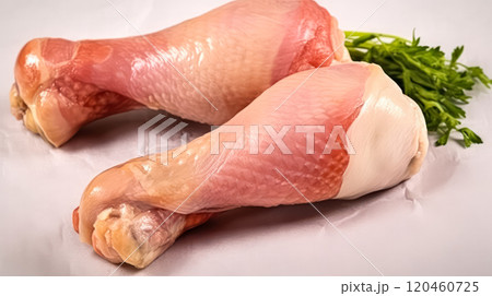 Savory indulgence, Chicken legs adorned with herbs on a white isolated background 120460725
