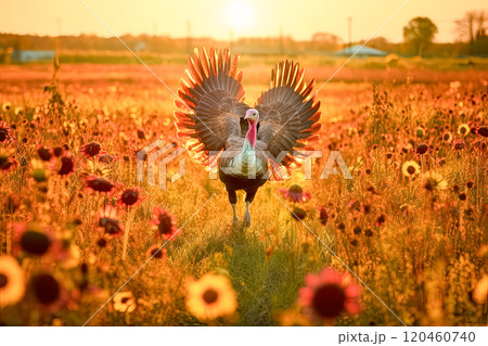 A turkey is standing in a field with a bright orange sky in the background. 120460740
