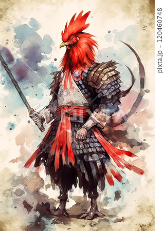 A red chicken with a sword in its beak 120460748