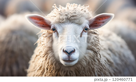 A sheep with a white face and brown ears. 120460771