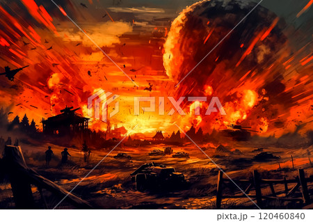 A painting of a war scene with a large explosion in the background 120460840
