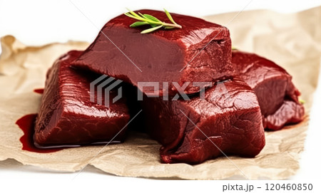 Liver delicacy, Smooth pieces of beef liver on parchment 120460850
