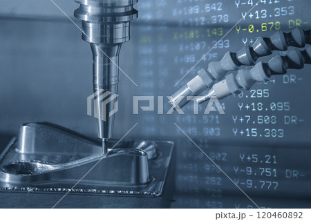 Abstract scene the CNC milling machine cutting press die part and G-code data background. 120460892