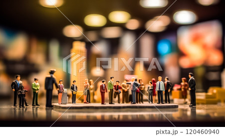 Miniature figures in business suits gather in a cafe 120460940