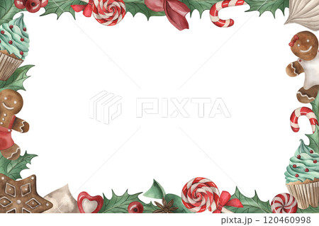 A rectangular frame decorated with Christmas sweets. Cupcake, gingerbread, candy, lollipop, meringue, holly, berry, anise are hand-drawn in watercolor. The illustration is in red, brown, green colors A rectangular frame decorated with Christmas sweets. Cupcake, gingerbread, candy, lollipop, meringue, holly, berry, anise are hand-drawn in watercolor. The illustration is in red, brown, green colors 120460998