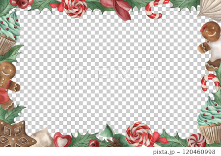A rectangular frame decorated with Christmas sweets. Cupcake, gingerbread, candy, lollipop, meringue, holly, berry, anise are hand-drawn in watercolor. The illustration is in red, brown, green colors A rectangular frame decorated with Christmas sweets. Cupcake, gingerbread, candy, lollipop, meringue, holly, berry, anise are hand-drawn in watercolor. The illustration is in red, brown, green colors 120460998