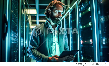 Businessman inspects server cabinets in a data center corridor 120461053