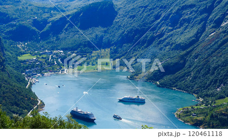 Fjord Geirangerfjord with ferry boat, Norway. Fjord Geirangerfjord with ferry boat, Norway. 120461118