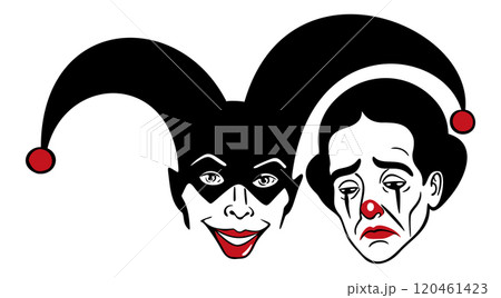Happy and sad clown. Harlequin and Pierrot. Commedia dell arte opposite characters. Vector isolated illustration. Black and red colors Happy and sad clown. Harlequin and Pierrot. Commedia dell arte opposite characters. Vector isolated illustration. Black and red colors 120461423
