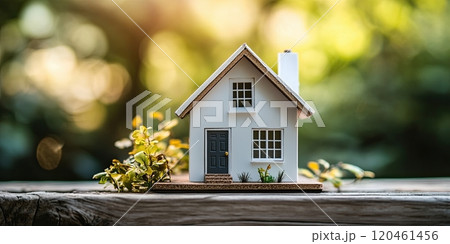 A small white house model representing home renovation and remodeling loans, with copy space 120461456