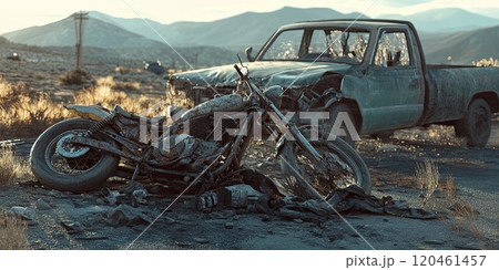 a vehicle wreck with a motorcycle and a pick up truck. Show the mangled motorcycle 120461457