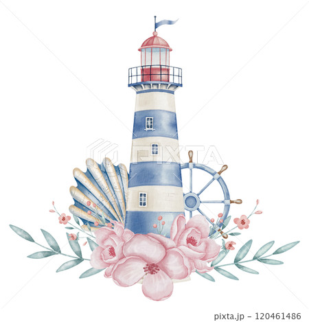 Watercolor Lighthouse floral Illustration with steering wheel, seashell and pink roses. Drawing of Light House in pastel colors for Baby design in Nautical style. Art of Beacon with roses for Cards. 120461486