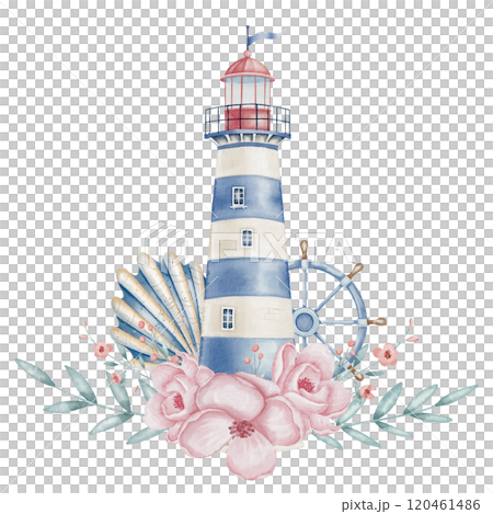Watercolor Lighthouse floral Illustration with steering wheel, seashell and pink roses. Drawing of Light House in pastel colors for Baby design in Nautical style. Art of Beacon with roses for Cards. 120461486