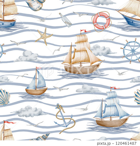 Seamless Pattern with Ships and Sailboats sailing on waves. Illustration with Boats and clouds in blue and beige colors for wrapping paper or textile design. Nautical ornament for Baby design. 120461487