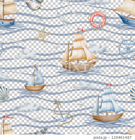 Seamless Pattern with Ships and Sailboats sailing on waves. Illustration with Boats and clouds in blue and beige colors for wrapping paper or textile design. Nautical ornament for Baby design. 120461487