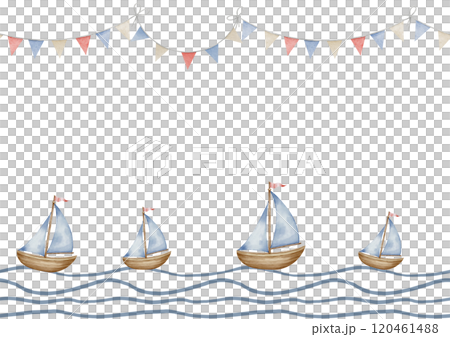 Watercolor Template with ships sailing on waves for childish banner or kids greeting cards. Seamless Border with cute boats in pastel blue and beige colors and garlands for baby shower invitations. Watercolor Template with ships sailing on waves for childish banner or kids greeting cards. Seamless Border with cute boats in pastel blue and beige colors and garlands for baby shower invitations. 120461488