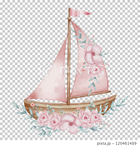 Sailboat with pink flowers watercolor illustration. Floral Drawing of sailing ship in pastel colors for Baby shower design. Sketch of Boat or Yacht with roses for childish design in nautical style. 120461489