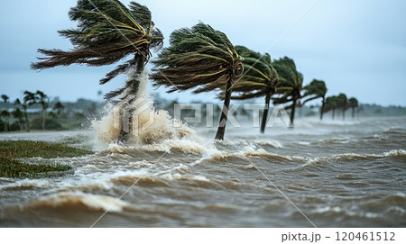 A powerful hurricane blows palm trees, storm 120461512