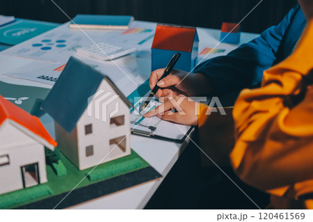 ESG environmental social governance display on laptop on eco-friendly company meeting with business people implementing environmental protection for clean and sustainable future ecology. Trailblazing 120461569