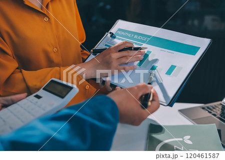 ESG environmental social governance display on laptop on eco-friendly company meeting with business people implementing environmental protection for clean and sustainable future ecology. Trailblazing 120461587