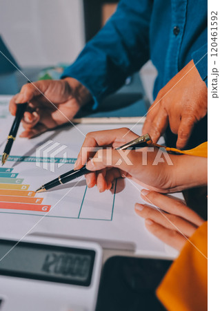 ESG environmental social governance display on laptop on eco-friendly company meeting with business people implementing environmental protection for clean and sustainable future ecology. Trailblazing 120461592
