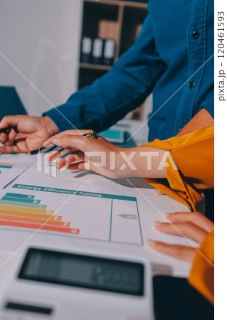 ESG environmental social governance display on laptop on eco-friendly company meeting with business people implementing environmental protection for clean and sustainable future ecology. Trailblazing 120461593