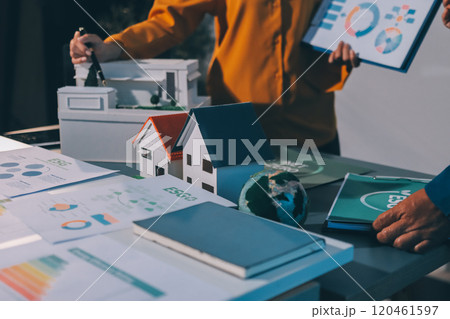 ESG environmental social governance display on laptop on eco-friendly company meeting with business people implementing environmental protection for clean and sustainable future ecology. Trailblazing 120461597