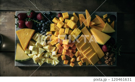 plate of different types of cheese on white background 120461631