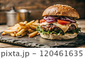 homemade burger with fries and french fries 120461635