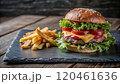homemade burger with french fries 120461636