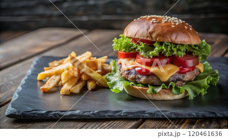 homemade burger with french fries homemade burger with french fries 120461636