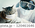 A cat and a person, both in masks and goggles, share a funny safety moment, stressing health protection importance 120461646