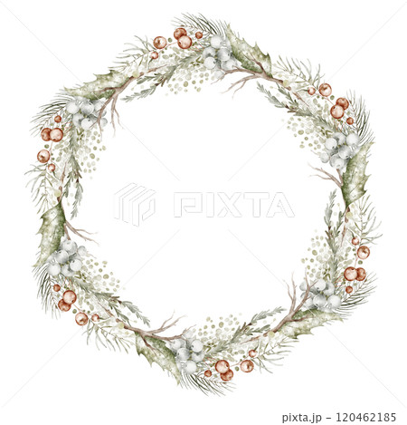 Christmas watercolor wreath with Holly berries and leaves. Hand drawn Illustration of circular Frame on isolated background. Botanical border for holiday invitations and Xmas greeting cards. Christmas watercolor wreath with Holly berries and leaves. Hand drawn Illustration of circular Frame on isolated background. Botanical border for holiday invitations and Xmas greeting cards. 120462185