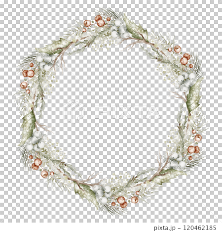 Christmas watercolor wreath with Holly berries and leaves. Hand drawn Illustration of circular Frame on isolated background. Botanical border for holiday invitations and Xmas greeting cards. 120462185